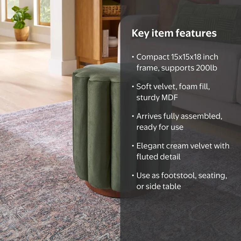 Better Homes & Gardens Lillian Velvet Tufted Ottoman, Olive | Walmart (US)
