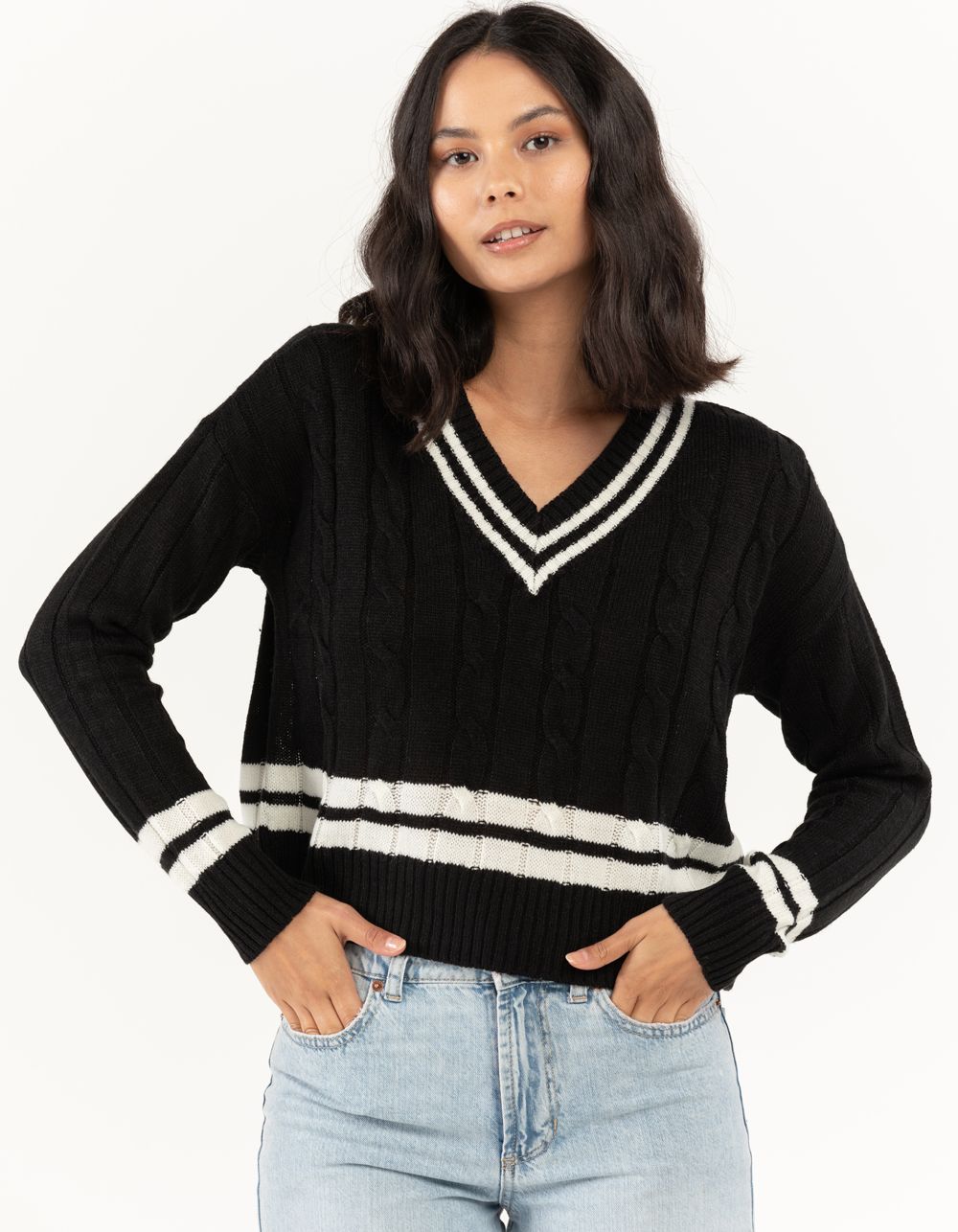 FULL CIRCLE TRENDS Cable Knit V Neck Womens Varsity Sweater | Tillys