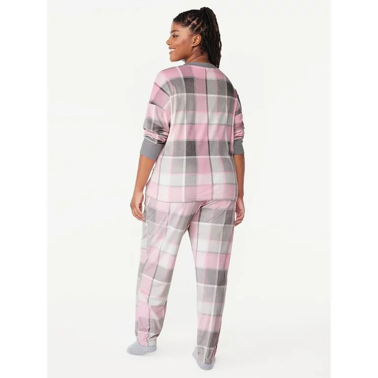 Joyspun Women's Plaid Stretch Velour Top and Joggers Pajama Set with Socks, 3-Piece, Sizes S to 3... | Walmart (US)