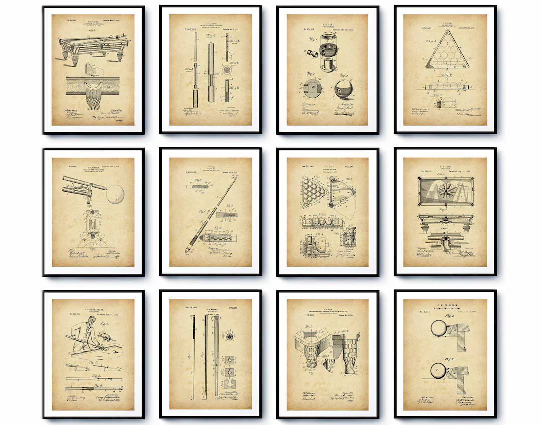 12 Billiards Patent Prints, Billiard Game Blueprint Art, Billiard Room Wall Decor, Game Room Deco... | Etsy (US)