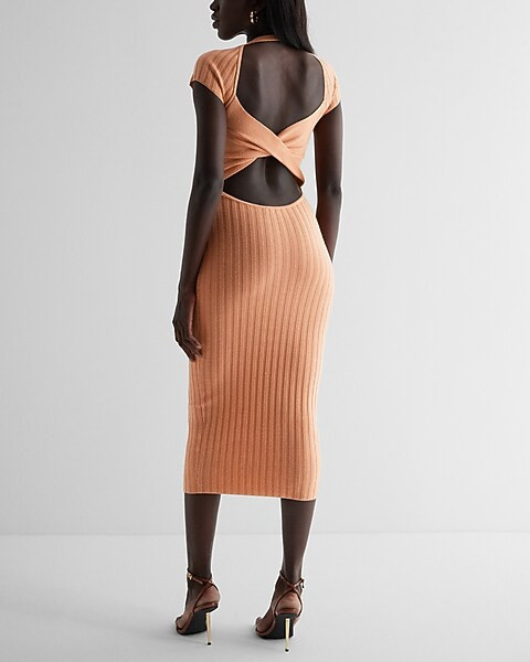 Ribbed Crew Neck Twist Open Back Midi Sweater Dress | Express
