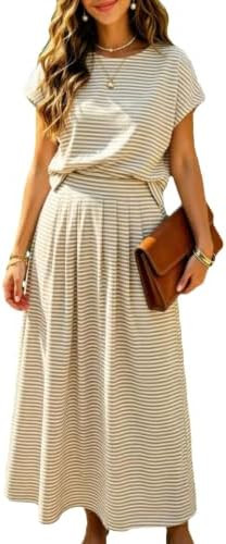 Zontroldy Women's Summer 2 Piece Outfits Striped Skirt Shirt Sets Pockets | 2 Piece Skirt Sets fo... | Amazon (US)