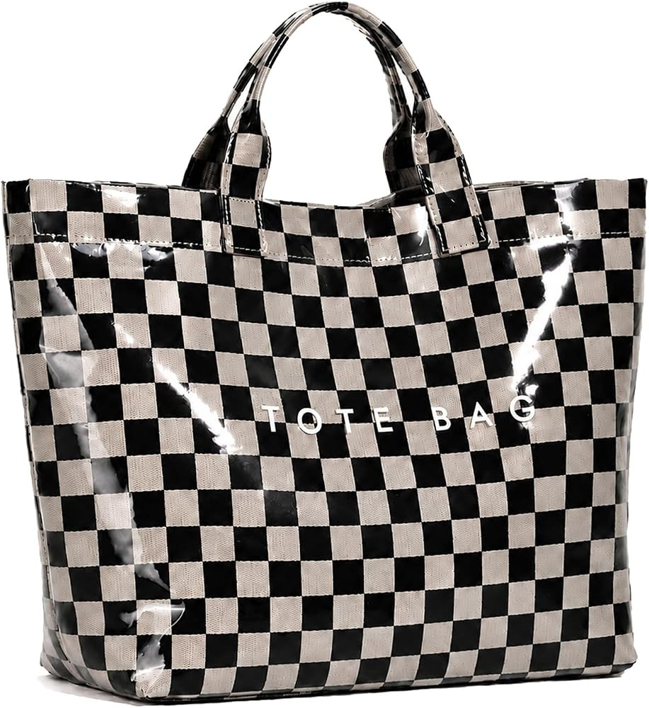 KAMEILONG Women's Large PVC Tote Bag Letters Print Handbags Paper Shoulder Bag Clear Shopping Hob... | Amazon (US)