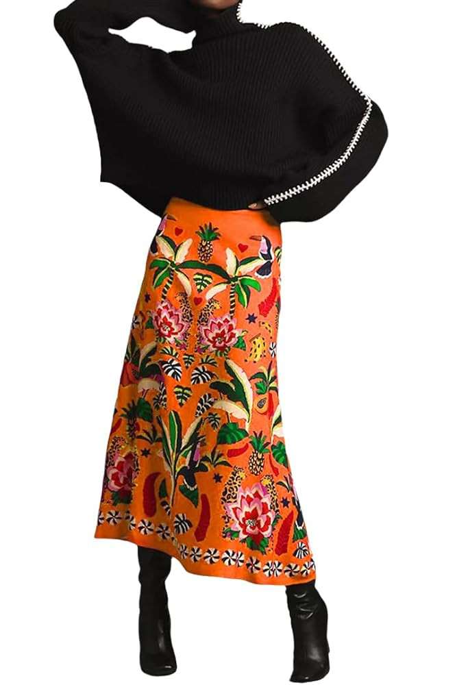 THLAI Womens Skirt Midi Skirt Tropical Plant Print Pink Zipper A-Line Long Skirts Spring Summer S... | Amazon (US)