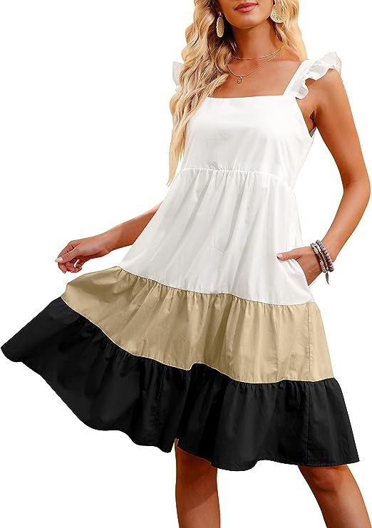 Prinbara Women's Summer Mini Dress Sleeveless Ruffle Sleeve Square Neck Loose Fit Short Flowy Ple... | Amazon (US)