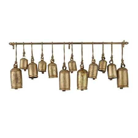 DecMode Tibetan Inspired Gold Metal Cylindrical Decorative Cow Bells with 12 Bells on Jute Hanging Rope and Metal Rod | Walmart (US)