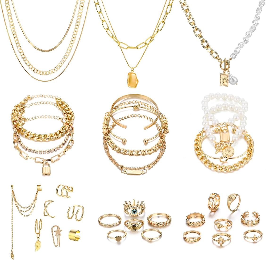 IFKM 36 PCS Gold Plated Jewelry Set with 4 PCS Necklace, 11 PCS Bracelet, 7 PCS Ear Cuffs Earring, 1 | Amazon (US)