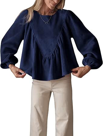Women's Peplum Babydoll Top Casual Faux Suede Blouse Loose Lantern Sleeve Back Button Shirts | Amazon (US)