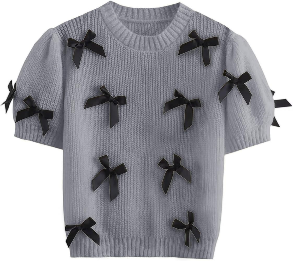 Women's Sweaters Knitted Crewneck Puff Bubble Short Sleeve Pullover Tops Casual Bow T Shirts Chic... | Amazon (US)