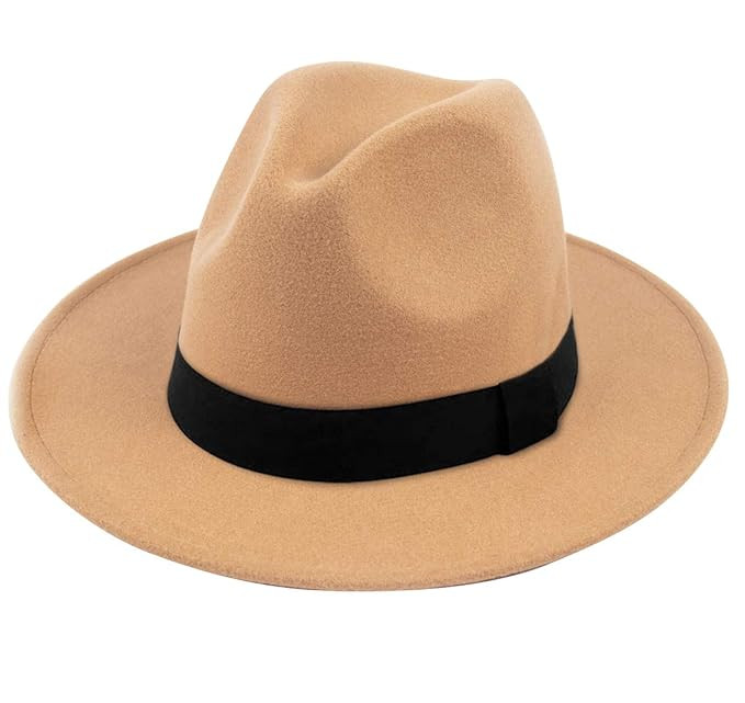 Lanzom Women Wide Brim Warm Wool Fedora Hat Retro Style Belt Panama Hat | Amazon (US)
