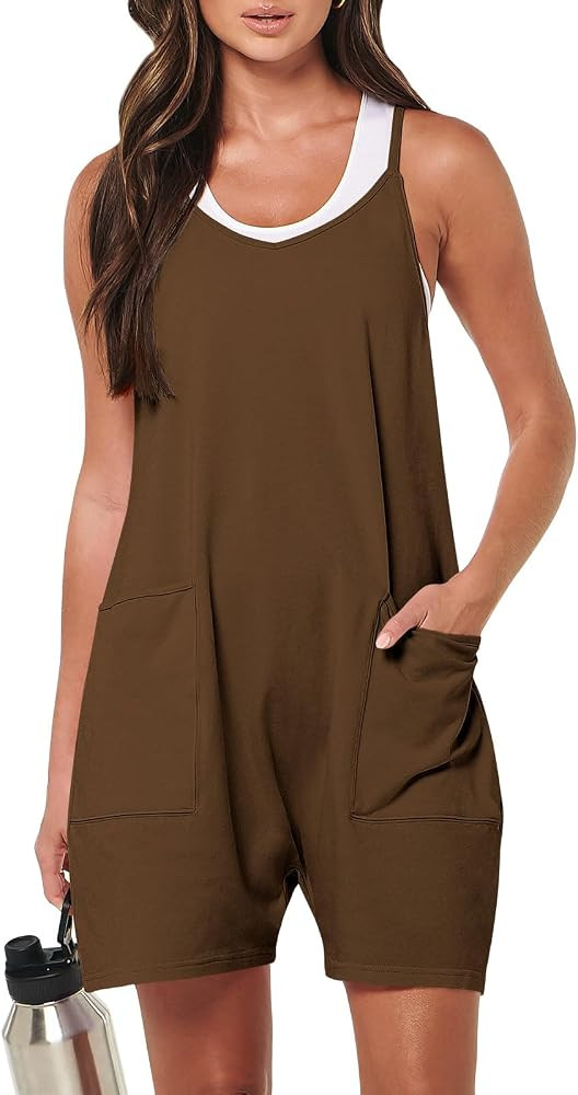Caracilia Women's Summer Casual Rompers Sleeveless Loose Spaghetti Strap Short Jumpsuits Overalls... | Amazon (US)