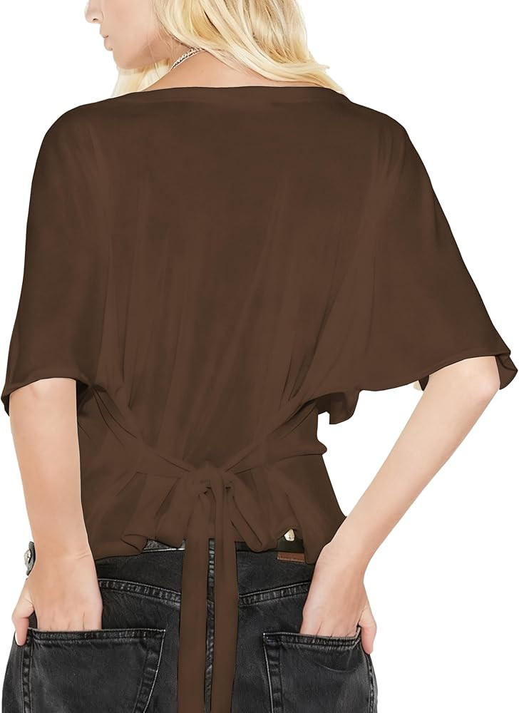 Women's Summer High Stretchy Crop Top Crewneck Dolman Short Sleeve Tee Tie Back Soft Ruched Cinch... | Amazon (US)