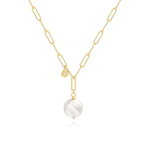 PEARLADA Flat Coin Pearl Pendant Necklace, 18k Gold Paperclip Chain Necklace, Dainty Star Charm Necklace | Amazon (US)