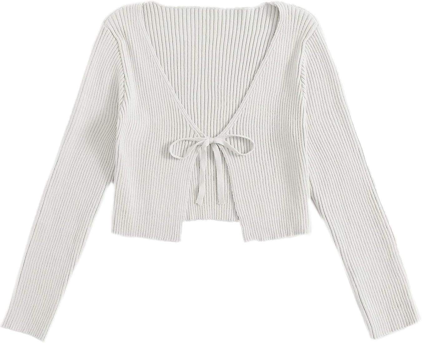 Floerns Women's Tie Front Long Sleeve Rib Knit Shrug Sweaters Cardigan Crop Top | Amazon (US)