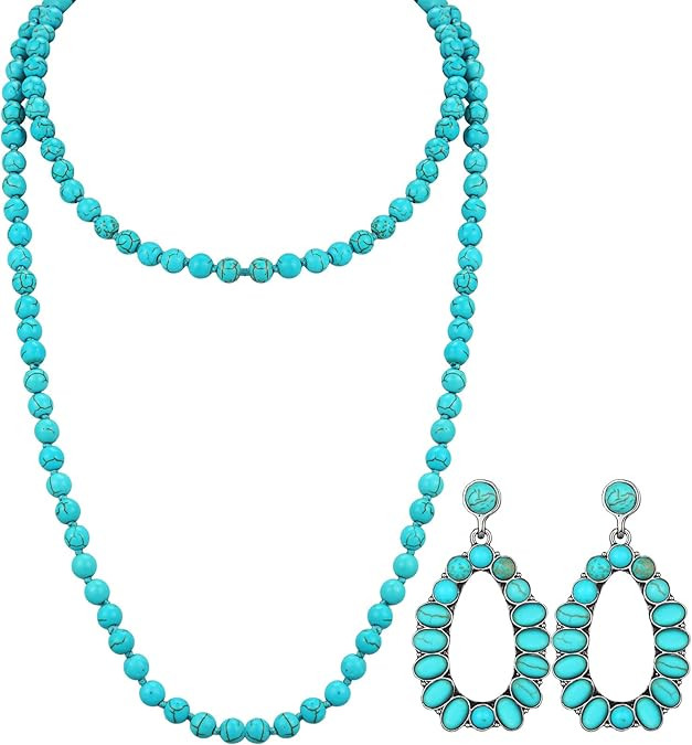 Bonuci Women Necklace Set Long Turquoise Beads Endless Vintage Jewelry Simulated Collar Western N... | Amazon (US)