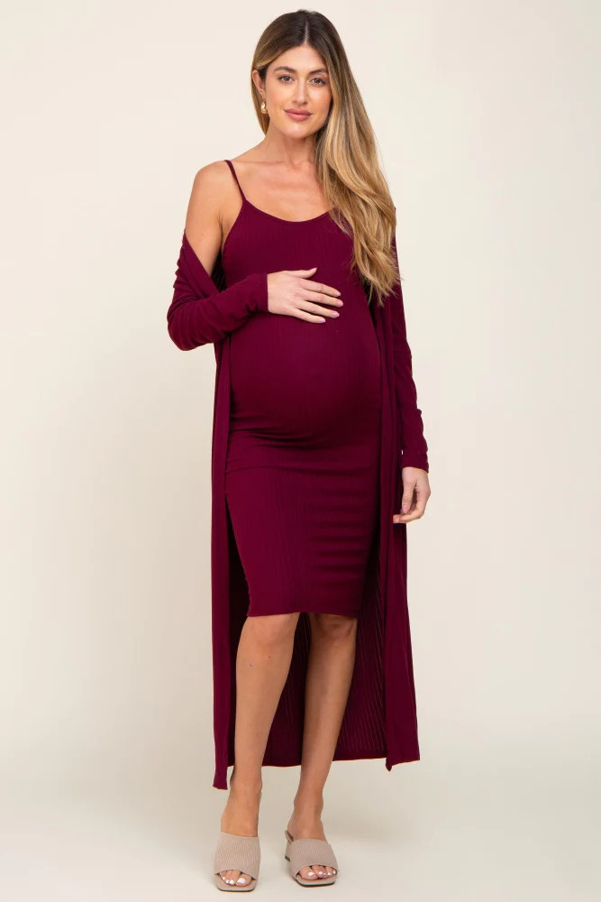 Burgundy Ribbed Cardigan 2 Piece Maternity Set | PinkBlush Maternity