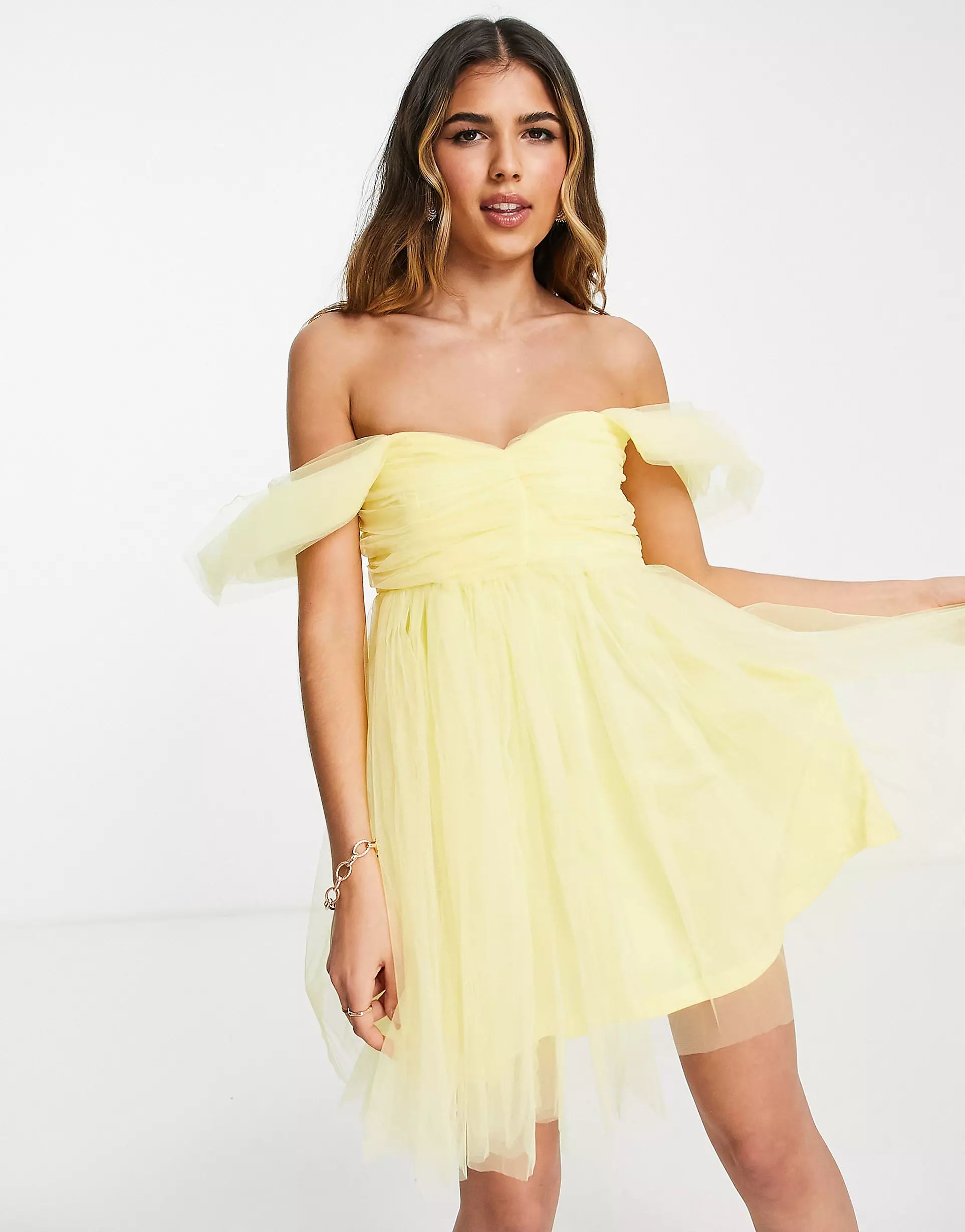 Lace & Beads tulle babydoll mini dress in yellow | ASOS (Global)