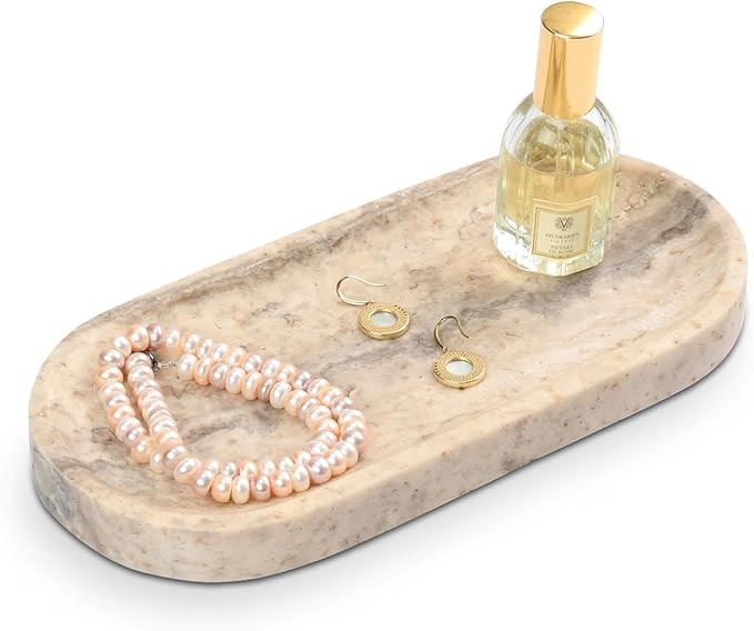 Bathroom Vanity Tray, Natural Marble Oval Tray 10 inch, Light Grey Travertine Vanity Tray for Soa... | Amazon (US)