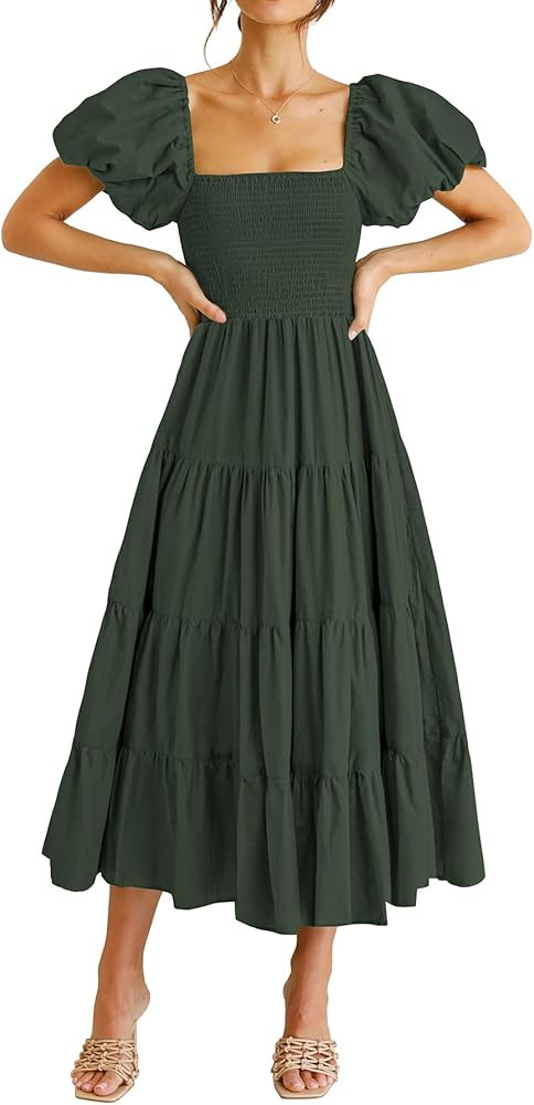 PRETTYGARDEN Women's Casual Summer Midi Dress Puffy Short Sleeve Square Neck Smocked Tiered Ruffl... | Amazon (US)