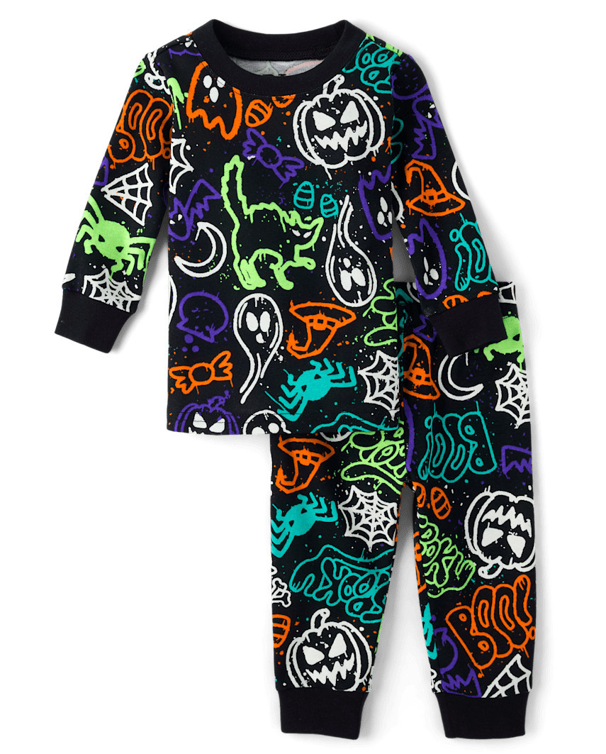 The Children's Place Baby And Toddler Glow Halloween Graffiti Snug Fit Cotton Pajamas | Size 0-3 M | Black | The Children's Place