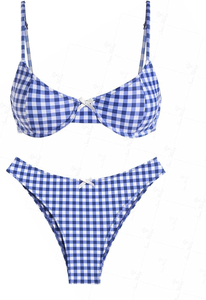 seamoly Vintage Gingham Bowknot Decor Tied Back Underwire Bikini Set | Amazon (US)