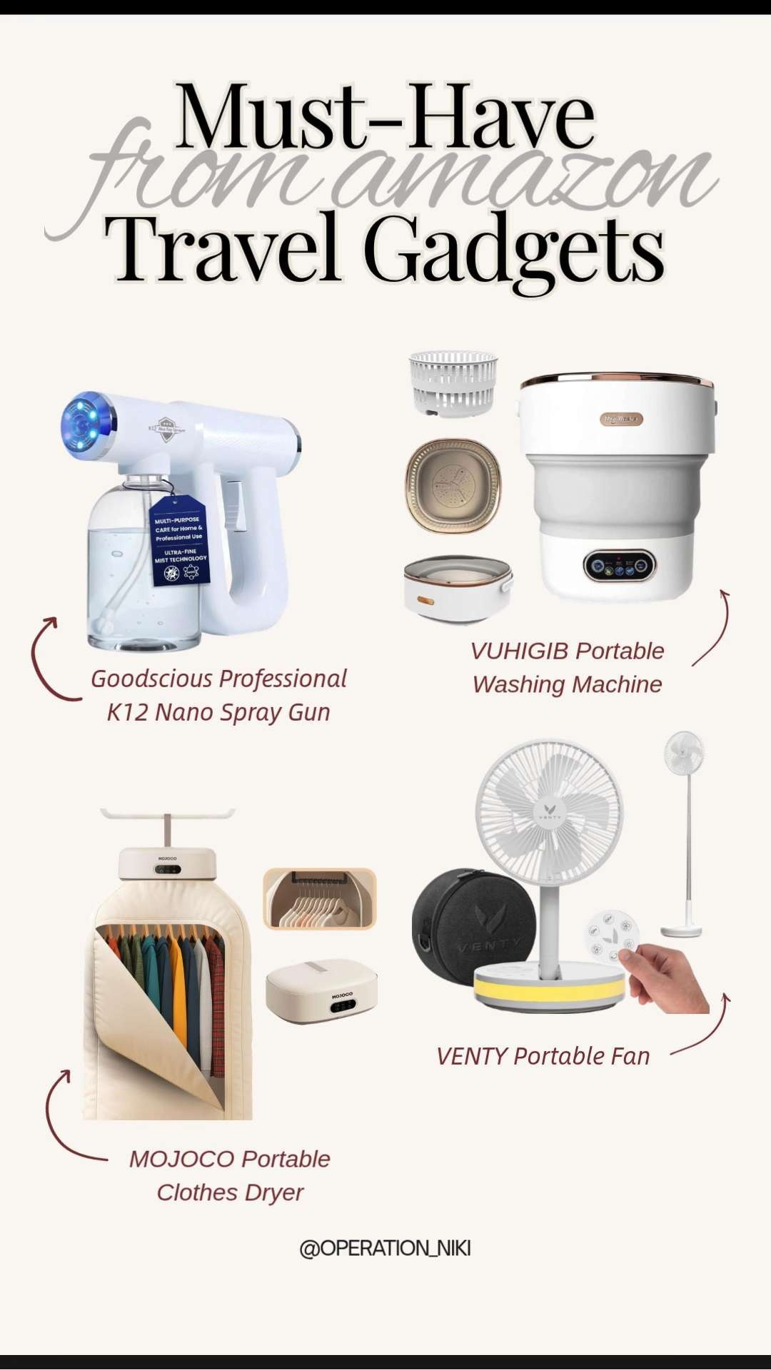 Level up your travel game with these Must-Have Travel Gadgets from Amazon. ✈️✨ Keeping your environment clean and staying comfortable on the go has never been this easy. From a portable washer and dryer for fresh clothes anywhere to a nano spray gun with blue light for ultimate sanitization, these essentials are a total game changer. Add in a portable fan to keep you cool during your spring travels, and you are officially ready for any destination. 🌬️🧼 Follow for more @OPERATION_NIKI on IG, TikTok, & Facebook #TravelGadgets #TravelEssentials #SpringTravel #AmazonTravel #CleanTravel #AmazonFinds #PortableWasher #TravelHacks #OperationNiki #OrganizedTravel #TravelMustHaves #SpringClean2026 

 

#LTKselfcare #LTKHome #LTKTravel