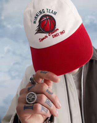ASOS DESIGN soft baseball cap with basketball embroidery in red and ecru | ASOS (Global)
