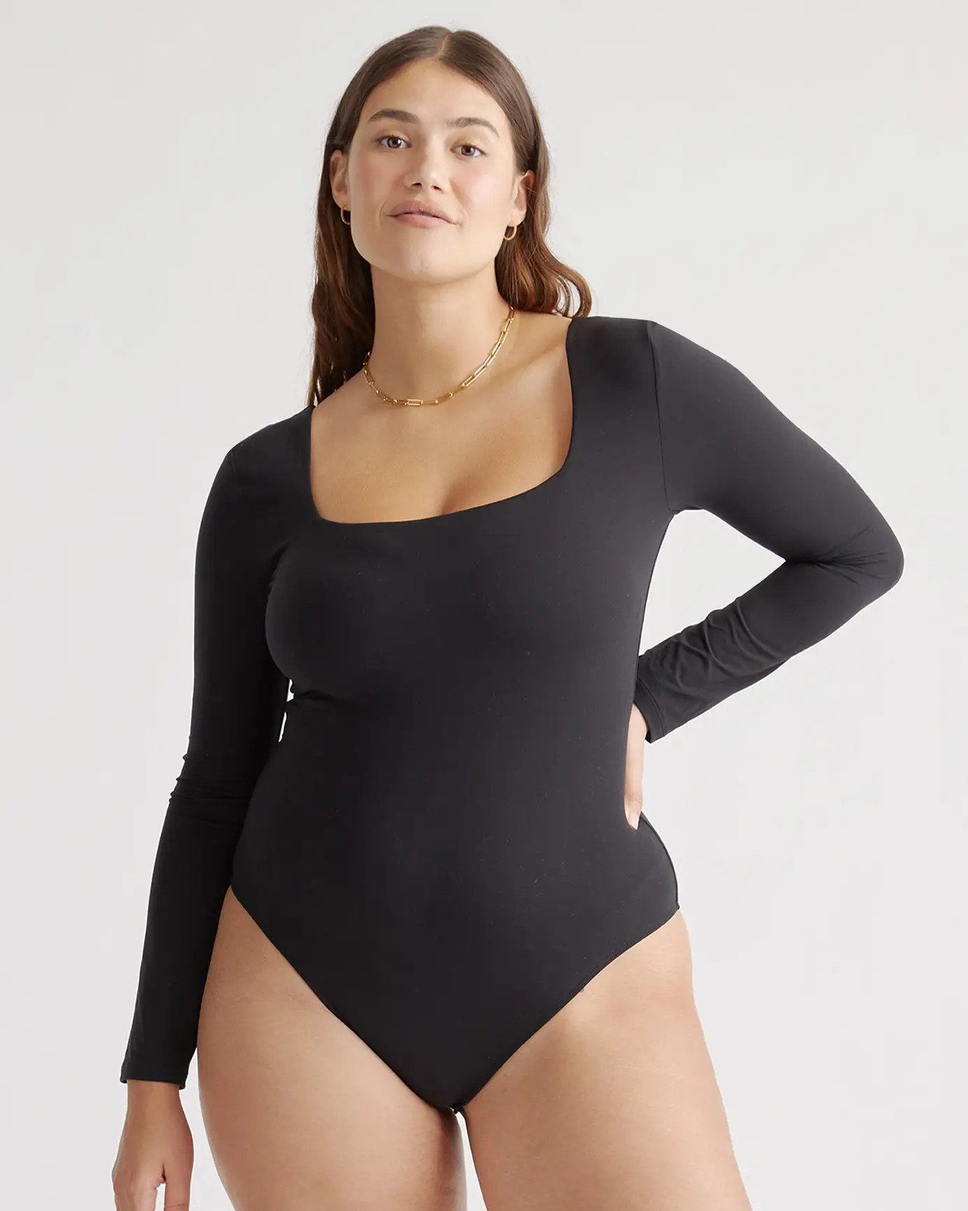 Black Second Skin Square Neck Long Sleeve Bodysuit | Quince