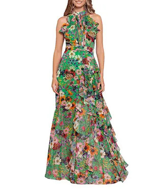 Betsy & Adam Halter Neck Sleeveless Ruffle Front Floral Chiffon Maxi Dress | Dillard's | Dillard's