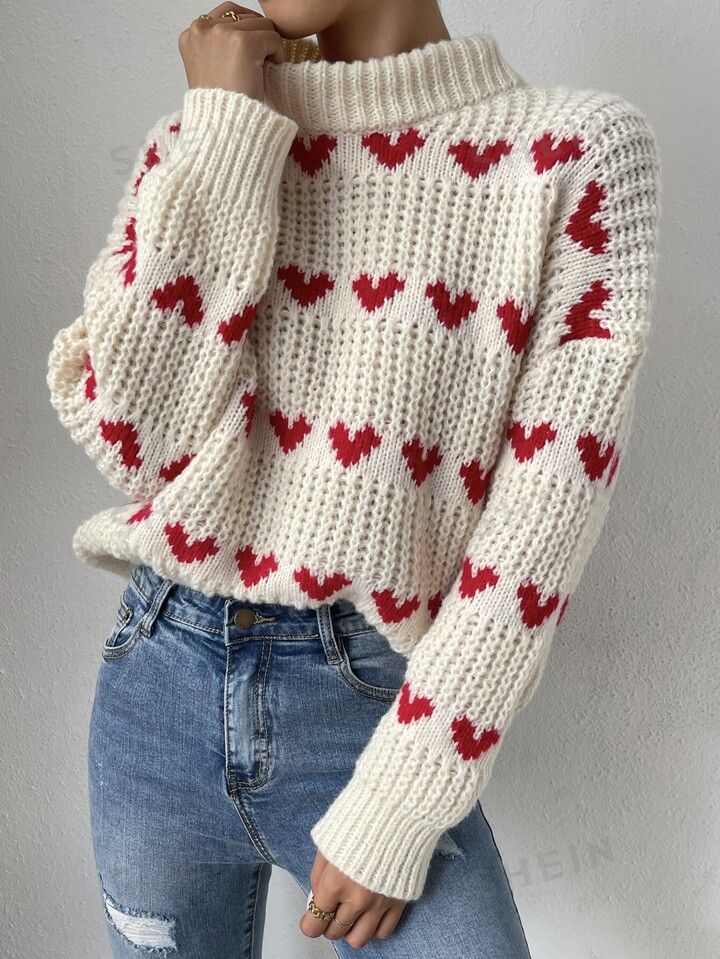 SHEIN Qutie Heart Pattern Drop Shoulder Sweater4.84(1000+) | SHEIN