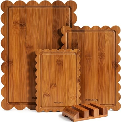 Kikcoin 4-Piece Bamboo Cutting Board Set with Storage Stand, Deep-Carbonized Wood Chopping Boards for Kitchen, Reversible Charcuterie Serving Tray | Amazon (US)