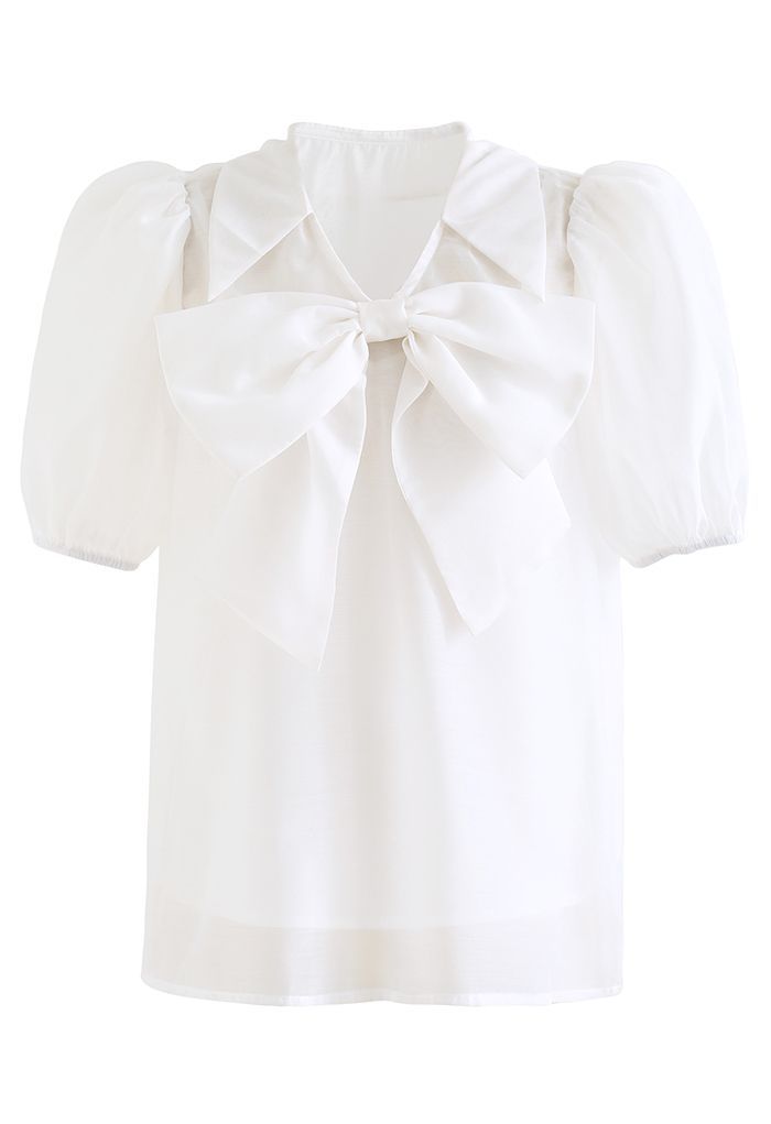 Sweet Bow Short-Sleeve Organza Top in White | Chicwish