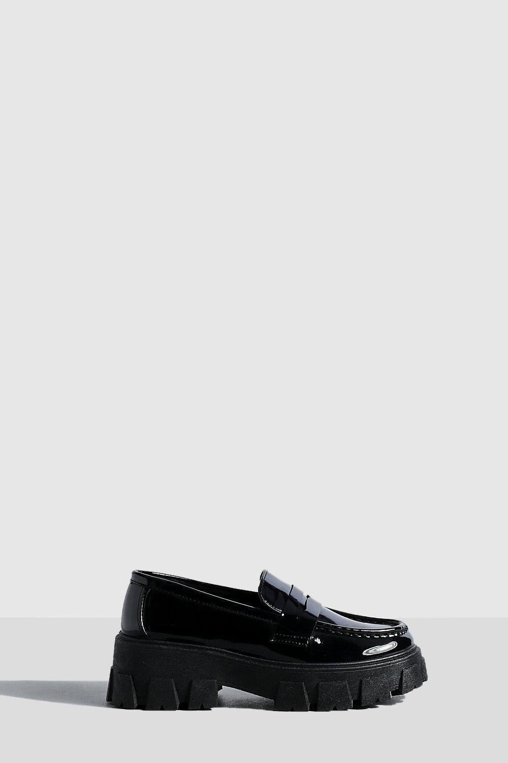 Womens Chunky Cleated Sole Patent Loafers - Black - 4 | Boohoo.com (US & CA)