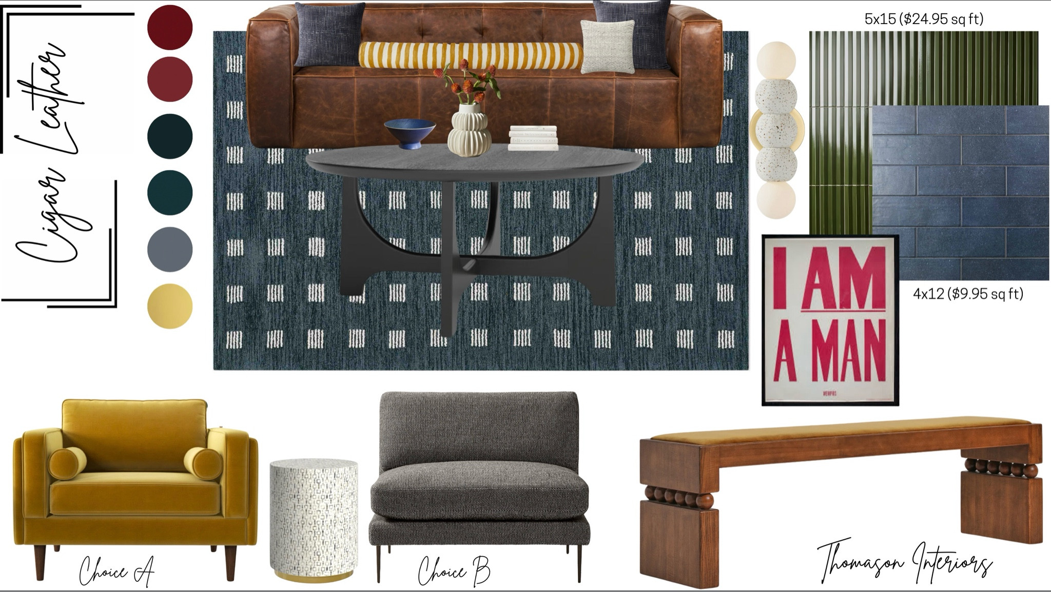 Version 2 of midcentury design. Cigar leather sofa, black coffee table, accent chairs, end table, bench, tile, terrazzo sconce, Labor Day sale 

#LTKHome #LTKStyleTip #LTKSaleAlert