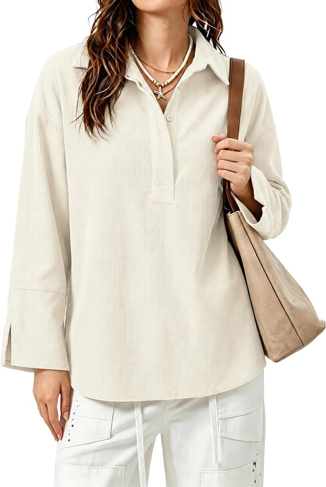 Watashi Women Corduroy Oversized Half Button Henley Shirt Tops | Amazon (US)
