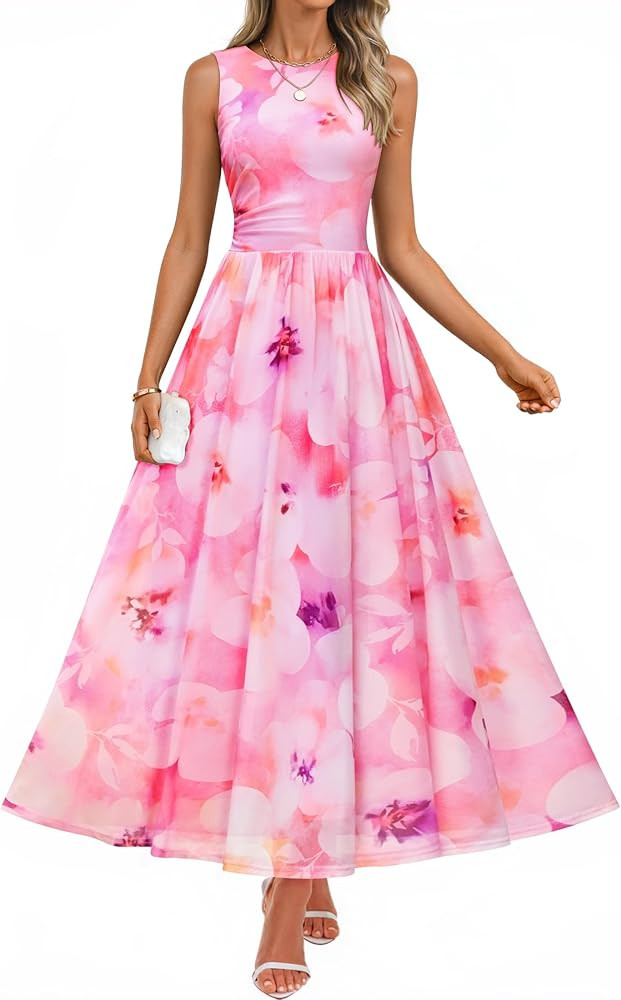 ZESICA Women's Summer Sleeveless Floral Maxi Dress 2026 Casual Crewneck Mesh A Line Flowy Boho Be... | Amazon (US)
