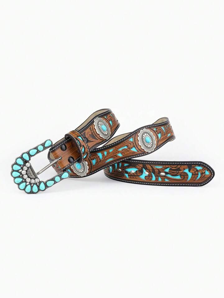 Boho 1pc Western Style Belt With Turquoise Carving Design, Vintage Buckle For Jeans, New Arrival | SHEIN