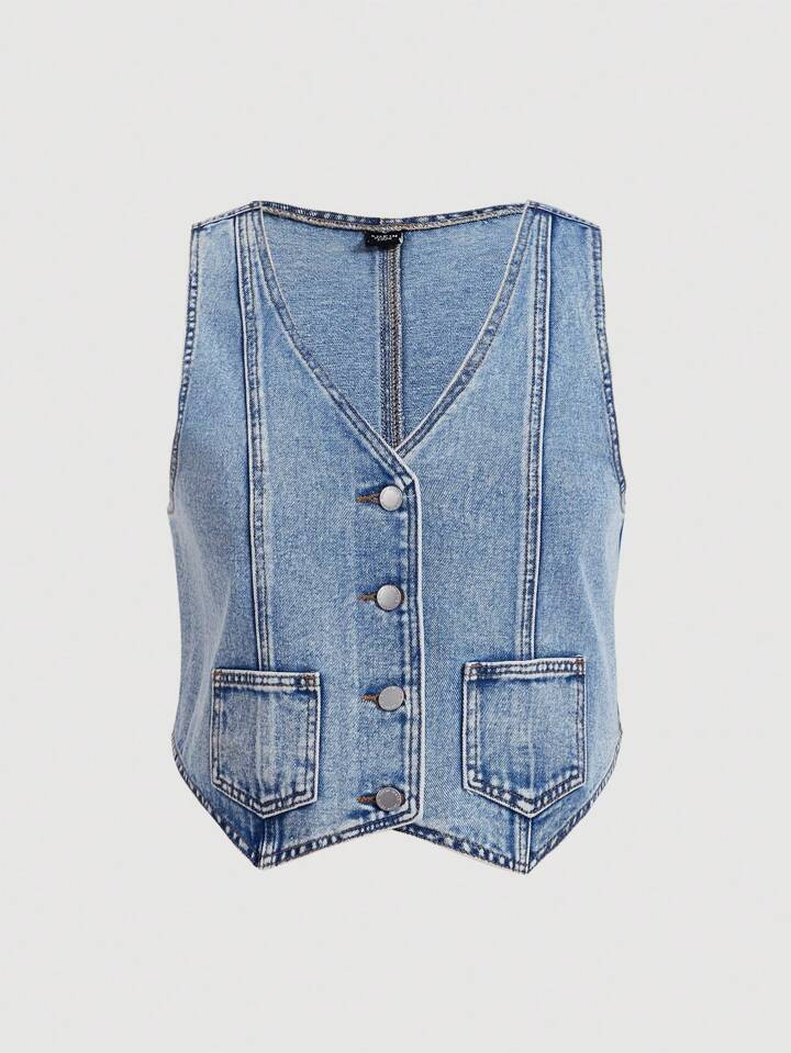 SHEIN MOD Plus Size Women's Solid Color Simple Daily Denim Sleeveless Top | SHEIN