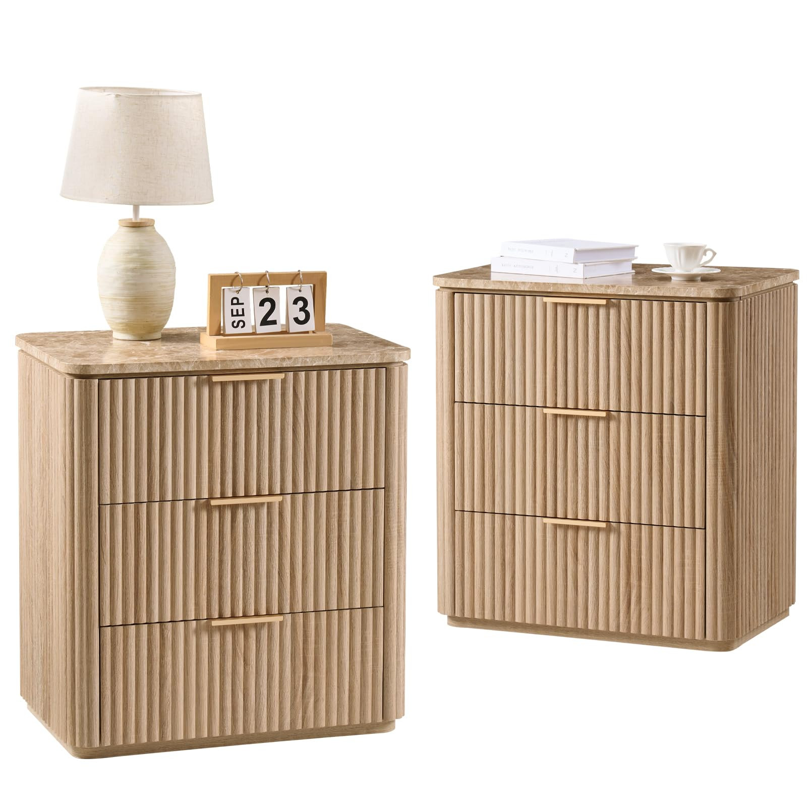 Fluted Nightstand Set of 2, Engineered Wood Bedside Table with 3 Drawers, Modern End Table with F... | Amazon (US)
