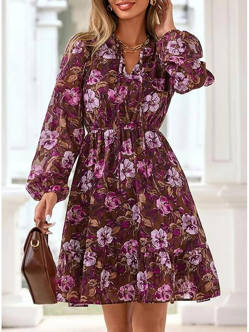 PRETTYGARDEN Women's Fall Boho Dresses Floral Long Sleeve V Neck Mini Flowy Wedding Guest Dress T... | Walmart (US)