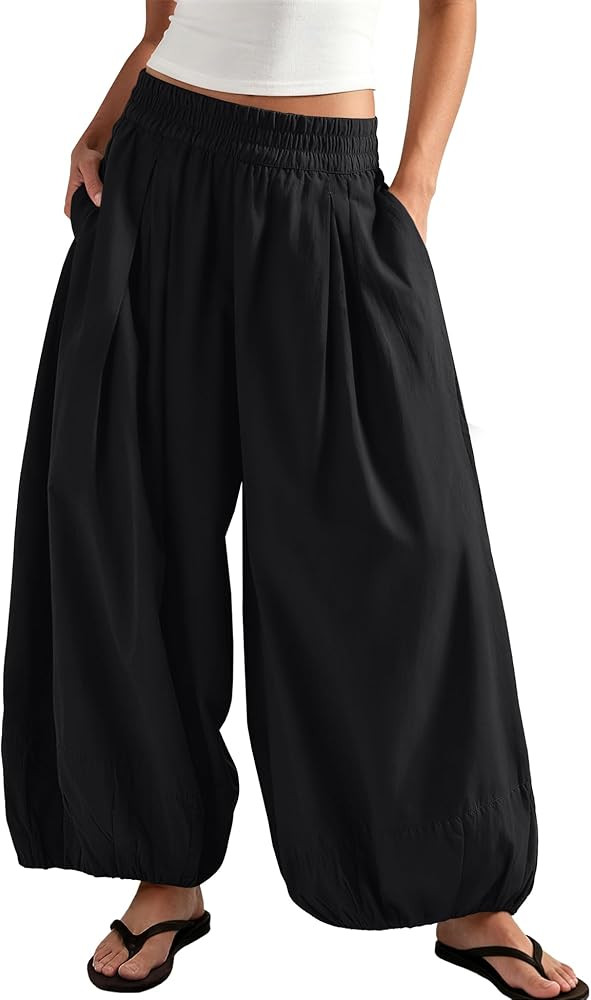 ReachMe Womens Barrel Wide Leg Pants Baggy Flowy Beach Pants Summer Balloon Trousers Travel Vacat... | Amazon (US)