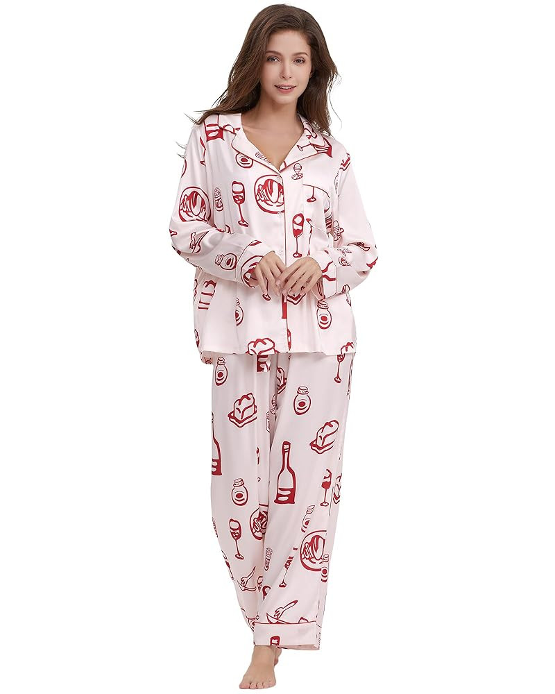 Womens Silk Satin Pajamas Set Button Down 2 Piece Pjs Long Sleeve Oversized Sleepwear with Pocket... | Amazon (US)