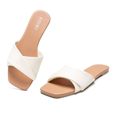 FITORY Women's Flat Sandals, Square Fashion Slides with Cross-Strap, Soft Leather Slippers for Summer White Size 6 | Amazon (US)