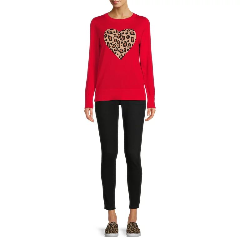 Time and Tru Women's Red Leopard Heart Sweater | Walmart (US)