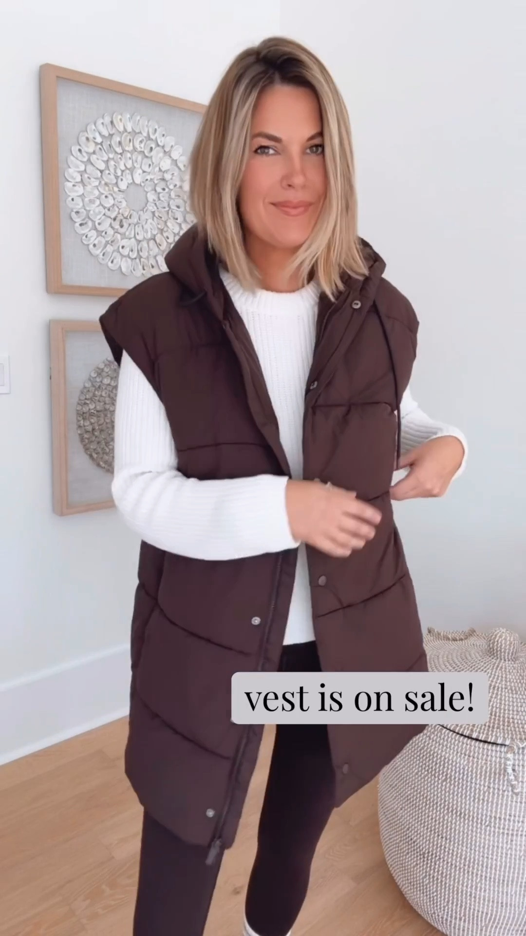 Size down in the vest. It’s on sale and covers the bum! I am in xs in the vest. Small in the sweater and leggings.  Ugg boots true to size.  

#LTKTall #LTKSaleAlert #LTKootd