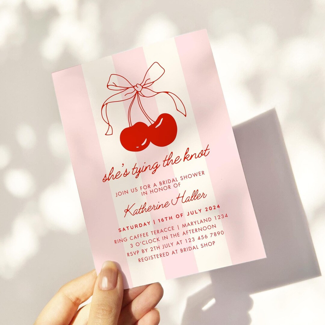 Cherry on Top Bow Bridal Shower Invitation Template Retro Pink Stripes She' S Tying the Knot Hand... | Etsy (US)