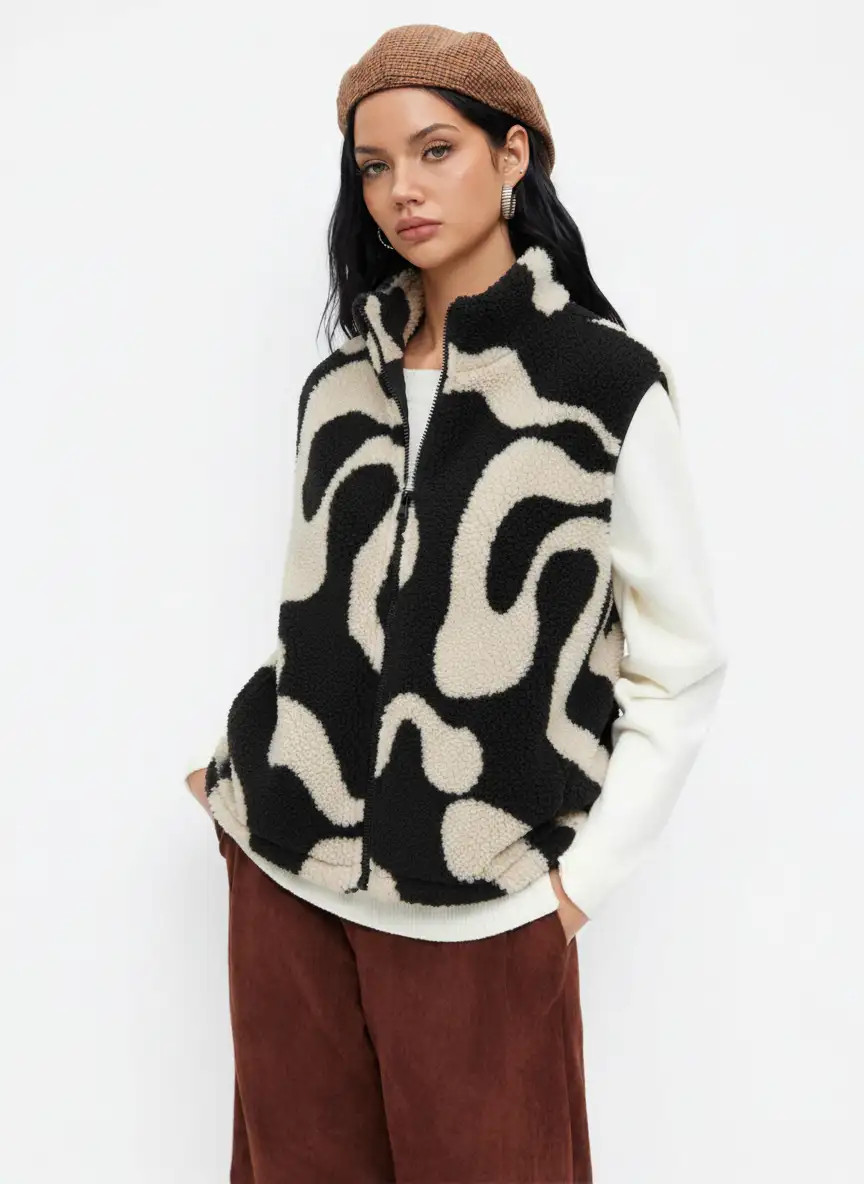 Fleece Fleece High Neck Geometric Puffer Vest For Daily Casual | Cider