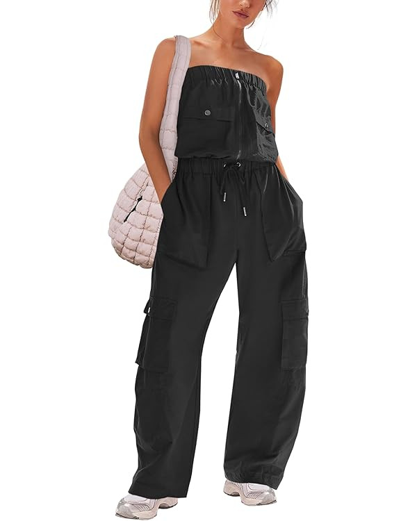 Panadila Women Wide Leg Jumpsuits Cargo Strapless Romper Casual One Piece Outfits Loose Fit Overa... | Amazon (US)