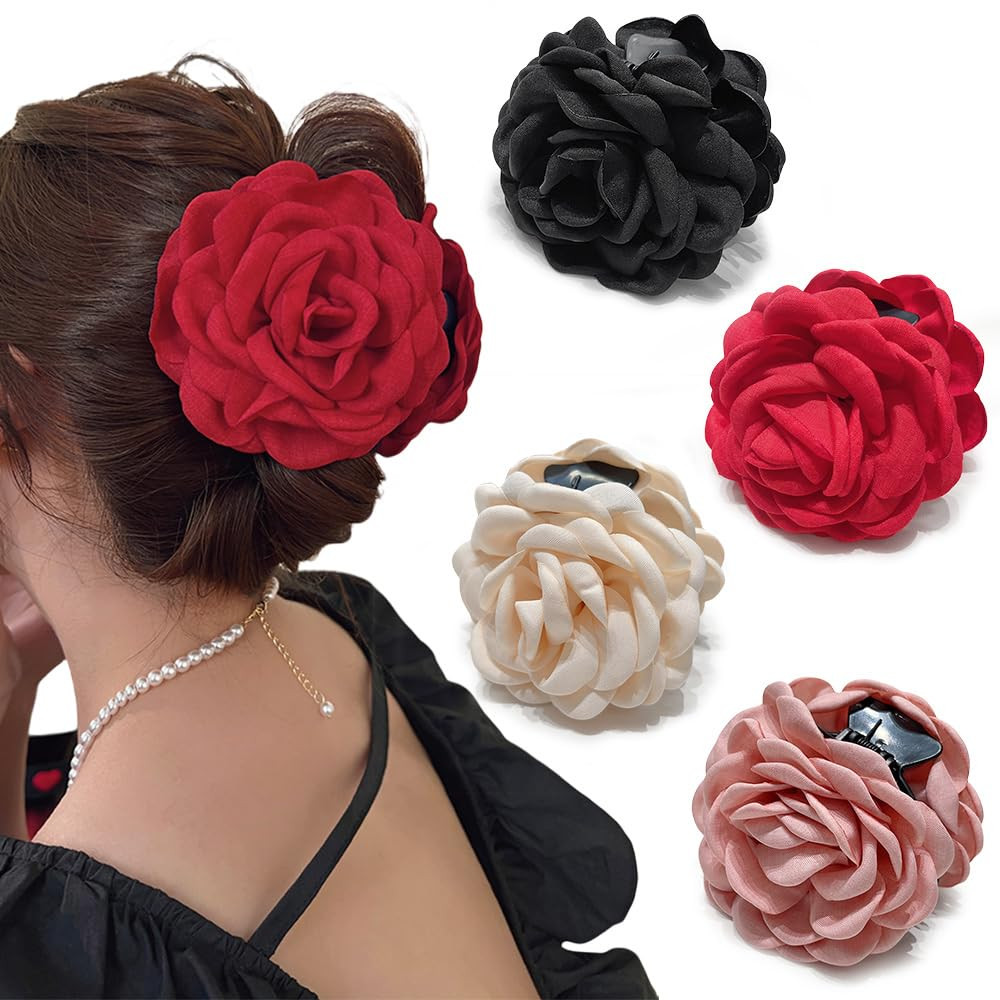 4pcs Handmade Fabric Rose Flower Hair Claw Clip for Women Girls, 3.94" Large Boho Hawaiian Floral... | Amazon (US)