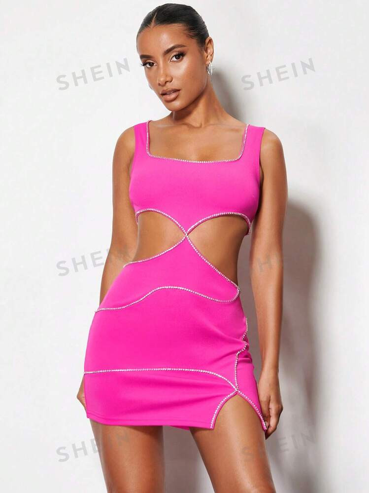 evoluSHEINSHEIN BAE Cut Out Rhinestone Trim Split Hem Bodycon Dress | SHEIN